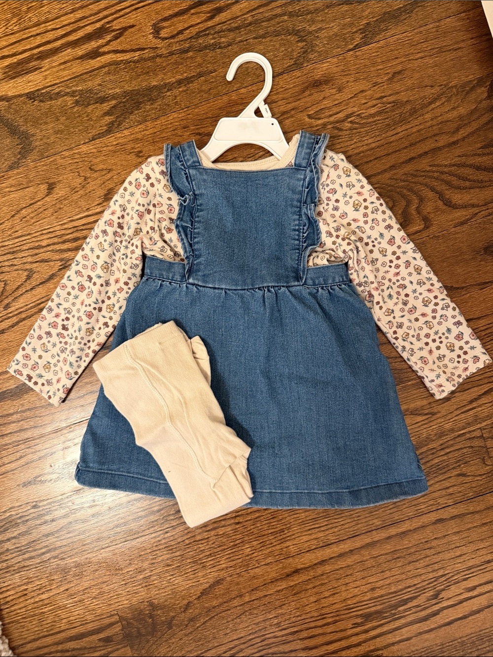 Carters 24m Denim Pinafore Dress with Floral Long Sleeve Top and Cream Tights